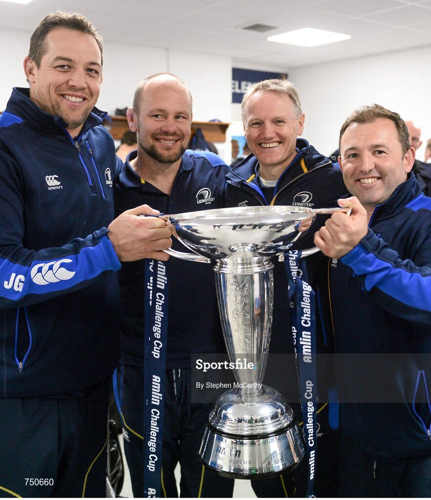 17 May 2013; Leinster coaches, from left, forwards coach Jono Gibbes, scrum coach Greg Feek, head coach Joe Schmidt and skills and kicking coach Richie Murphy with the Amlin Challenge Cup following their victory. Amlin Challenge Cup Final 2012/13, Leinster v Stade Francais, RDS, Ballsbridge, Dublin. Picture credit: Stephen McCarthy / SPORTSFILE
