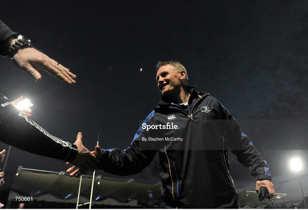 17 May 2013; Leinster head coach Joe Schmidt is congratulated by supporters before the final whistle. Amlin Challenge Cup Final 2012/13, Leinster v Stade Francais, RDS, Ballsbridge, Dublin. Picture credit: Stephen McCarthy / SPORTSFILE