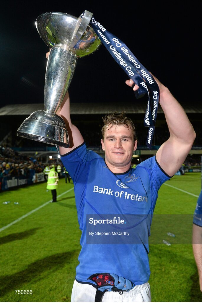 17 May 2013; Leinster's Rhys Ruddock with the Amlin Challenge Cup. Amlin Challenge Cup Final 2012/13, Leinster v Stade Francais, RDS, Ballsbridge, Dublin. Picture credit: Stephen McCarthy / SPORTSFILE