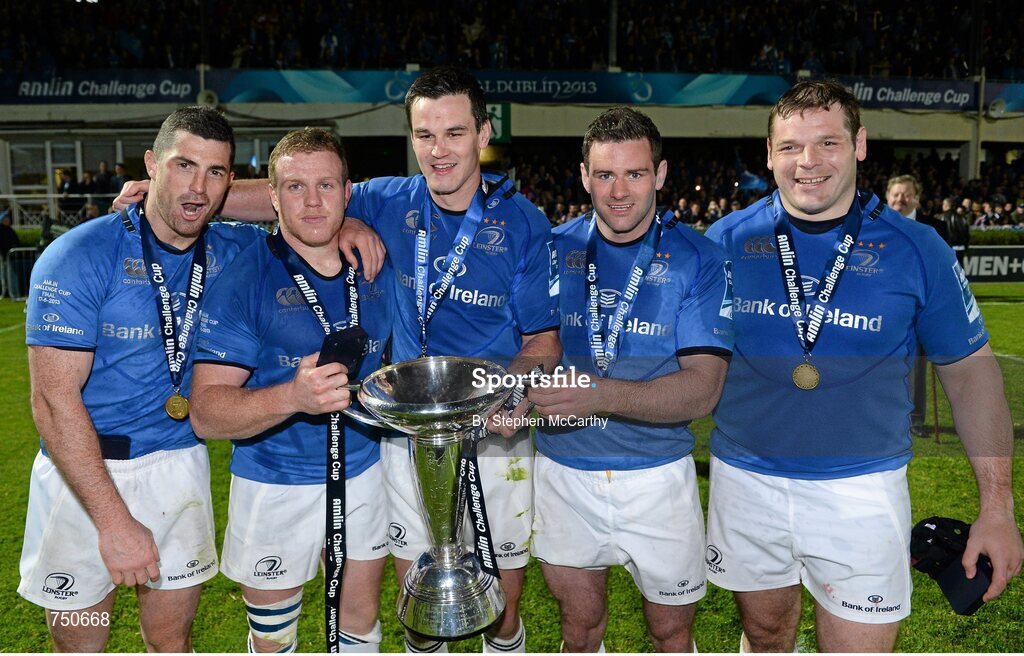17 May 2013; Leinster players, from left, Rob Kearney, Sean Cronin, Jonathan Sexton, Fergus McFadden and Mike Ross with the Amlin Challenge Cup. Amlin Challenge Cup Final 2012/13, Leinster v Stade Francais, RDS, Ballsbridge, Dublin. Picture credit: Stephen McCarthy / SPORTSFILE