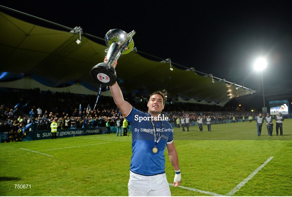 17 May 2013; Leinster's Quinn Roux with the Amlin Challenge Cup. Amlin Challenge Cup Final 2012/13, Leinster v Stade Francais, RDS, Ballsbridge, Dublin. Picture credit: Stephen McCarthy / SPORTSFILE