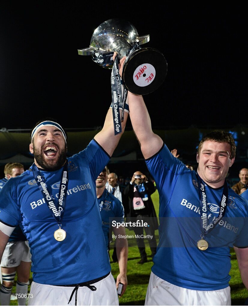 17 May 2013; Leinster's Jamie Hagan, left, and Jack McGrath with the Amlin Challenge Cup. Amlin Challenge Cup Final 2012/13, Leinster v Stade Francais, RDS, Ballsbridge, Dublin. Picture credit: Stephen McCarthy / SPORTSFILE