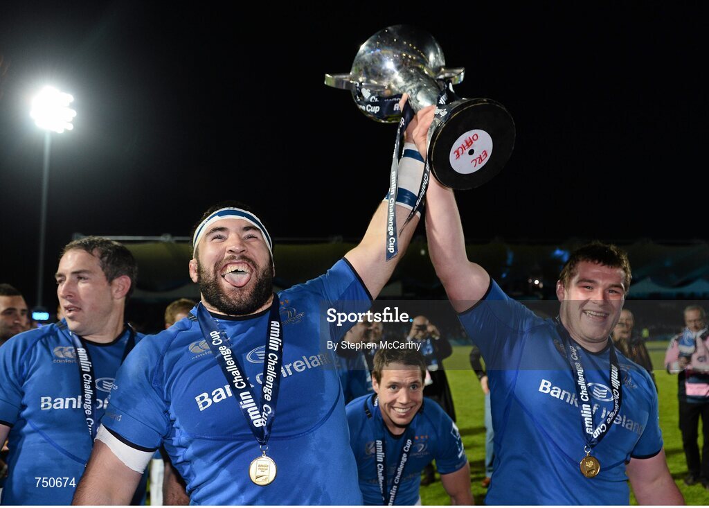 17 May 2013; Leinster's Jamie Hagan, left, and Jack McGrath with the Amlin Challenge Cup. Amlin Challenge Cup Final 2012/13, Leinster v Stade Francais, RDS, Ballsbridge, Dublin. Picture credit: Stephen McCarthy / SPORTSFILE