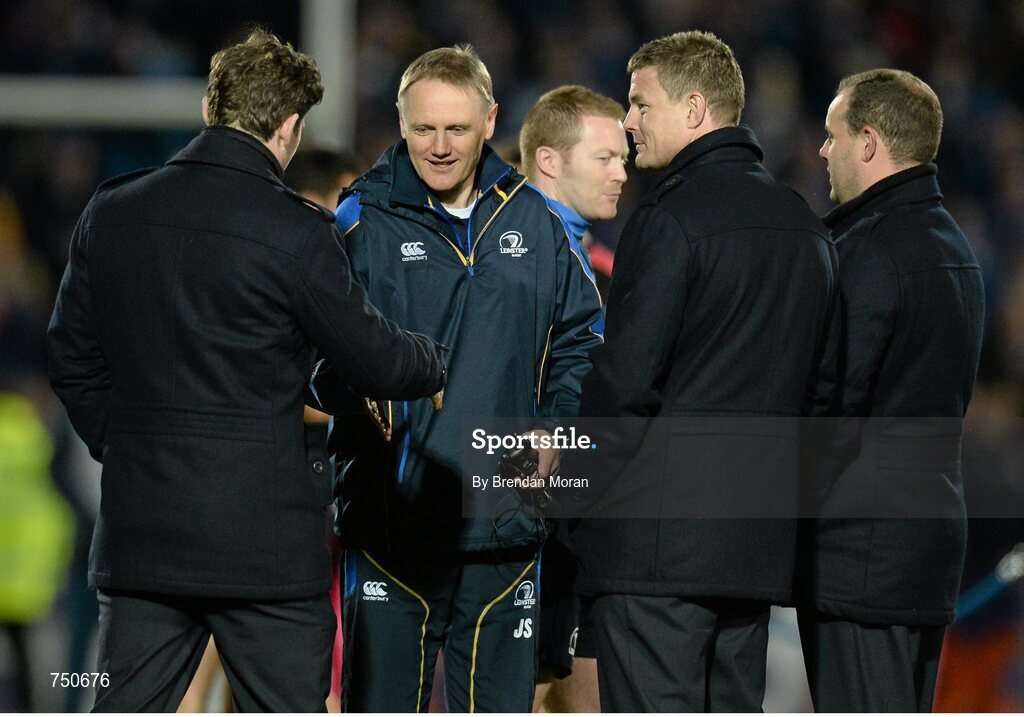 17 May 2013; Leinster's Gordon D'Arcy, head coach Joe Schmidt, Brian O'Driscoll and video analyst Emmet Farrell celebrate after the game. Amlin Challenge Cup Final 2012/13, Leinster v Stade Francais, RDS, Ballsbridge, Dublin. Picture credit: Brendan Moran / SPORTSFILE
