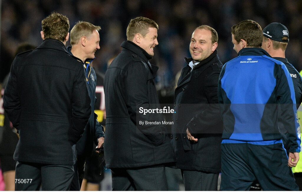 17 May 2013; Leinster's Gordon D'Arcy, head coach Joe Schmidt, Brian O'Driscoll, video analyst Emmet Farrell and team manager Ronan O'Donnell celebrate after the game. Amlin Challenge Cup Final 2012/13, Leinster v Stade Francais, RDS, Ballsbridge, Dublin. Picture credit: Brendan Moran / SPORTSFILE