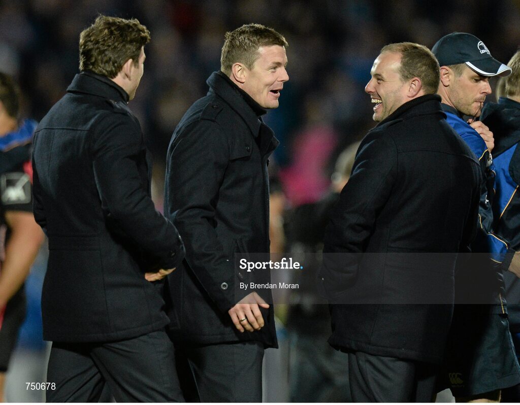 17 May 2013; Leinster's Gordon D'Arcy, Brian O'Driscoll and video analyst Emmet Farrell celebrate after the game. Amlin Challenge Cup Final 2012/13, Leinster v Stade Francais, RDS, Ballsbridge, Dublin. Picture credit: Brendan Moran / SPORTSFILE