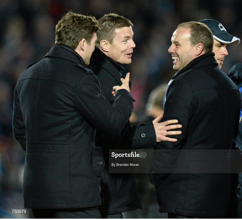 17 May 2013; Leinster's Gordon D'Arcy, Brian O'Driscoll and video analyst Emmet Farrell celebrate after the game. Amlin Challenge Cup Final 2012/13, Leinster v Stade Francais, RDS, Ballsbridge, Dublin. Picture credit: Brendan Moran / SPORTSFILE
