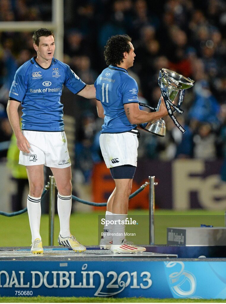 17 May 2013; Leinster's Jonathan Sexton, left, and Isa Nacewa with the Amlin Challenge cup after the game. Amlin Challenge Cup Final 2012/13, Leinster v Stade Francais, RDS, Ballsbridge, Dublin. Picture credit: Brendan Moran / SPORTSFILE