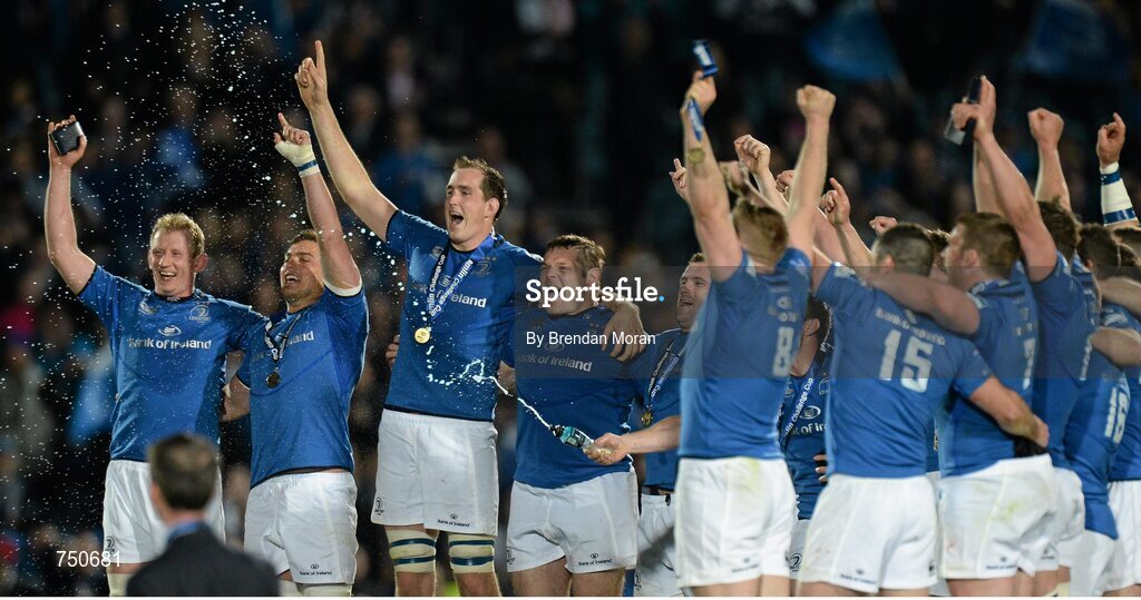 17 May 2013; Leinster players, including from left, Leo Cullen, Quinn Roux, Devin Toner, Mike Ross and Shane Jennings celebrate after winning the Amlin Challenge Cup. Amlin Challenge Cup Final 2012/13, Leinster v Stade Francais, RDS, Ballsbridge, Dublin. Picture credit: Brendan Moran / SPORTSFILE