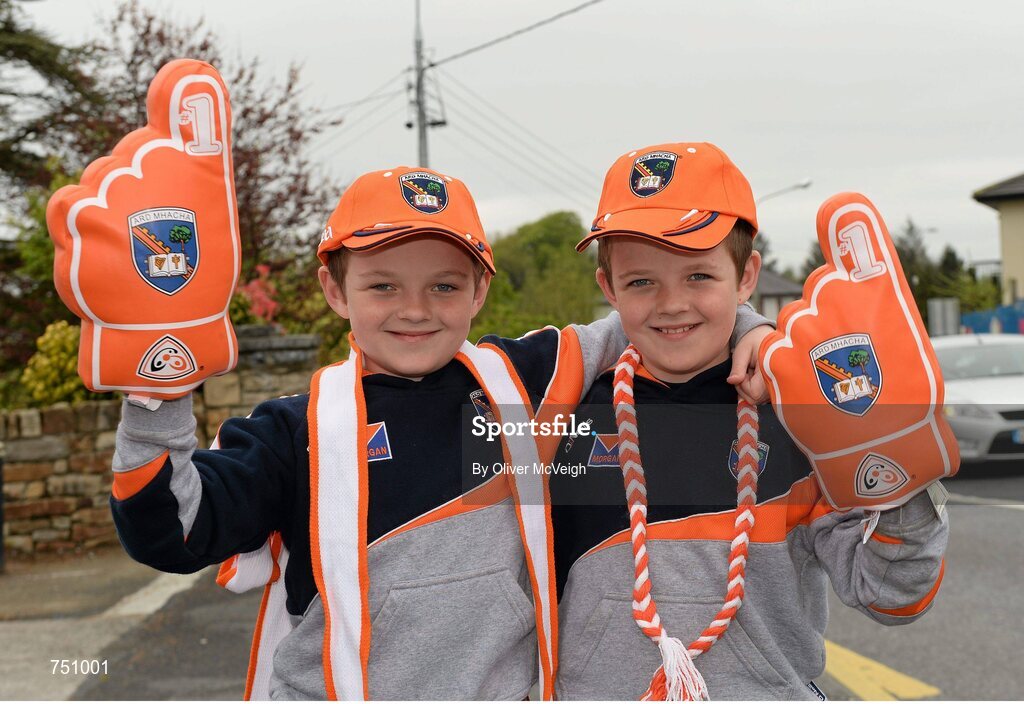 19 May 2013; Armagh supporters Sean, left, and Tony McKeown, 9 year old twins from Cullyhanna, Co. Armagh, ahead of the game. Ulster GAA Football Senior Championship, Preliminary Round, Cavan v Armagh, Kingspan Breffni Park, Cavan. Picture credit: Oliver McVeigh / SPORTSFILE