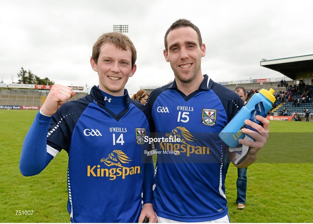 19 May 2013; Martin Dunne, left, and Eugene Keating, Cavan, celebrate after the game. Ulster GAA Football Senior Championship, Preliminary Round, Cavan v Armagh, Kingspan Breffni Park, Cavan. Picture credit: Oliver McVeigh / SPORTSFILE