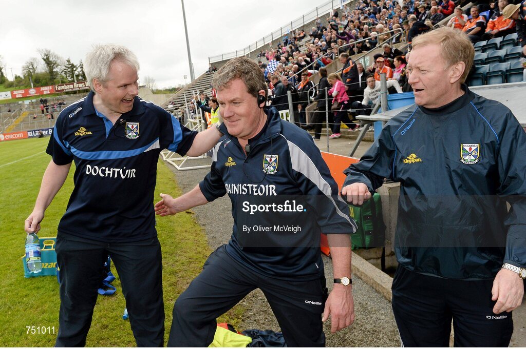 19 May 2013; Cavan manager Terry Hyland, centre, celebrates with team doctor Dr. Philip Carolan, left, and Cavan County Secretary Liam McCabe at the final whistle. Ulster GAA Football Senior Championship, Preliminary Round, Cavan v Armagh, Kingspan Breffni Park, Cavan. Picture credit: Oliver McVeigh / SPORTSFILE