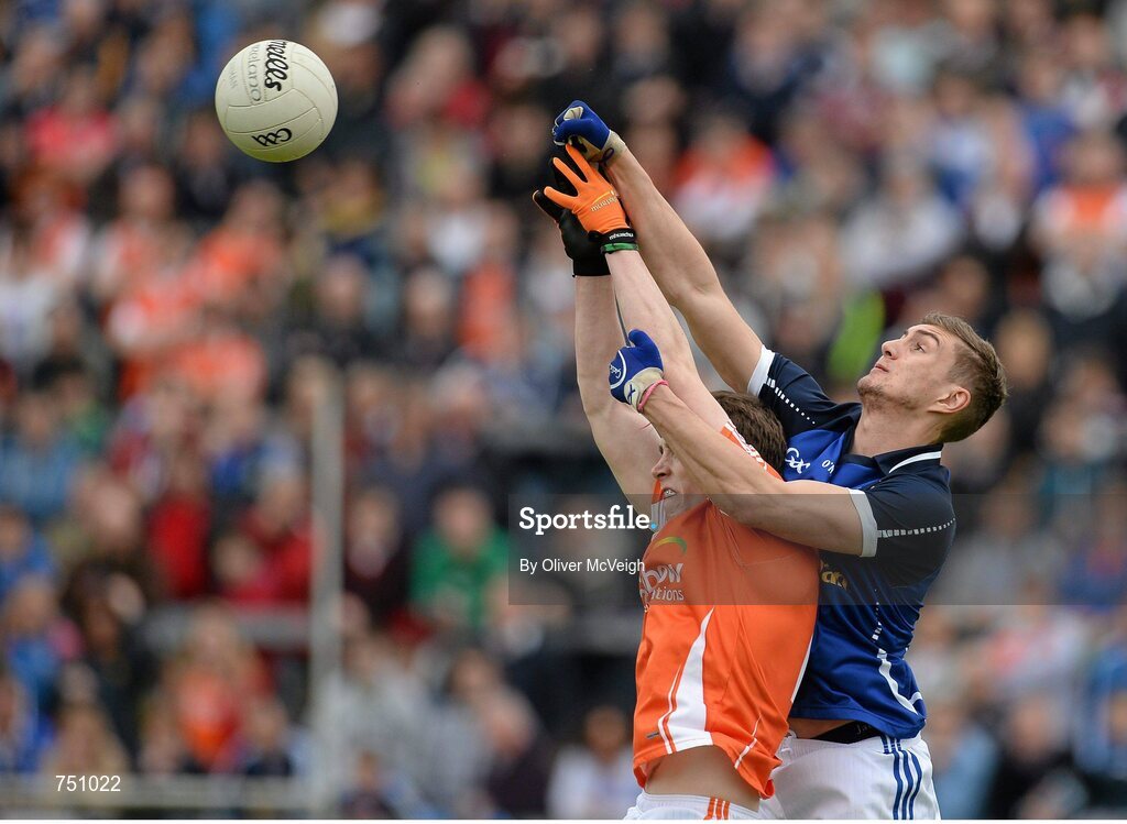 19 May 2013; Ciaran O'Hanlon, Armagh, in action against Killian Clarke, Cavan. Ulster GAA Football Senior Championship, Preliminary Round, Cavan v Armagh, Kingspan Breffni Park, Cavan. Picture credit: Oliver McVeigh / SPORTSFILE