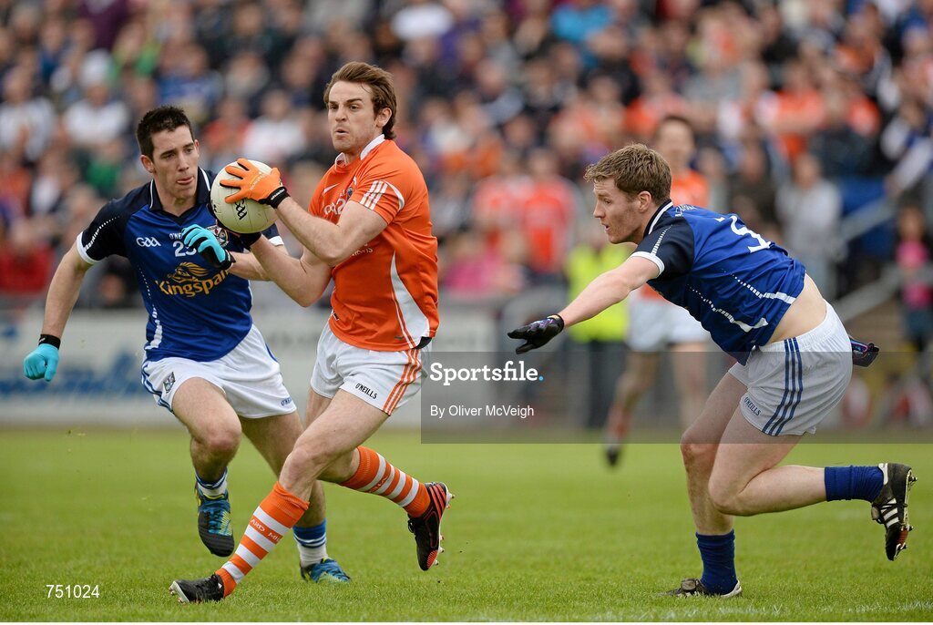 19 May 2013; Kevin Dyas, Armagh, in action against Barry Reilly, left, and Rory Dunne, Cavan. Ulster GAA Football Senior Championship, Preliminary Round, Cavan v Armagh, Kingspan Breffni Park, Cavan. Picture credit: Oliver McVeigh / SPORTSFILE
