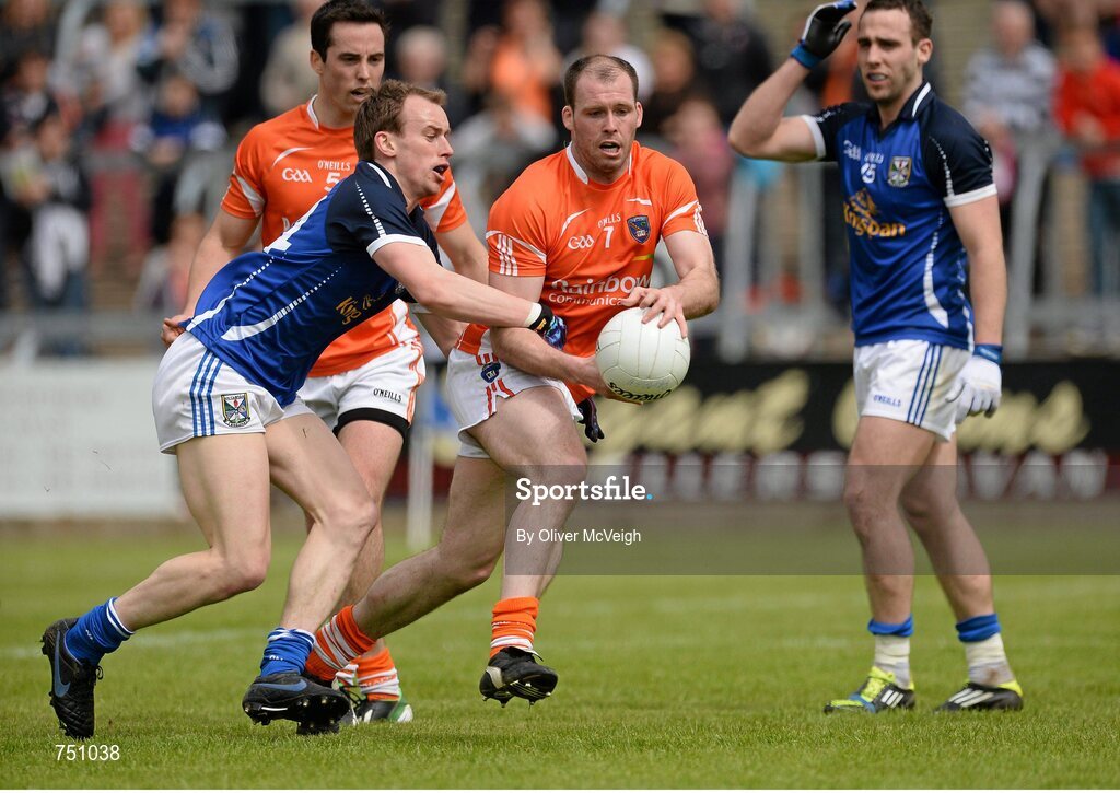19 May 2013; Ciaran McKeever, Armagh, in action against Martin Reilly, Cavan. Ulster GAA Football Senior Championship, Preliminary Round, Cavan v Armagh, Kingspan Breffni Park, Cavan. Picture credit: Oliver McVeigh / SPORTSFILE