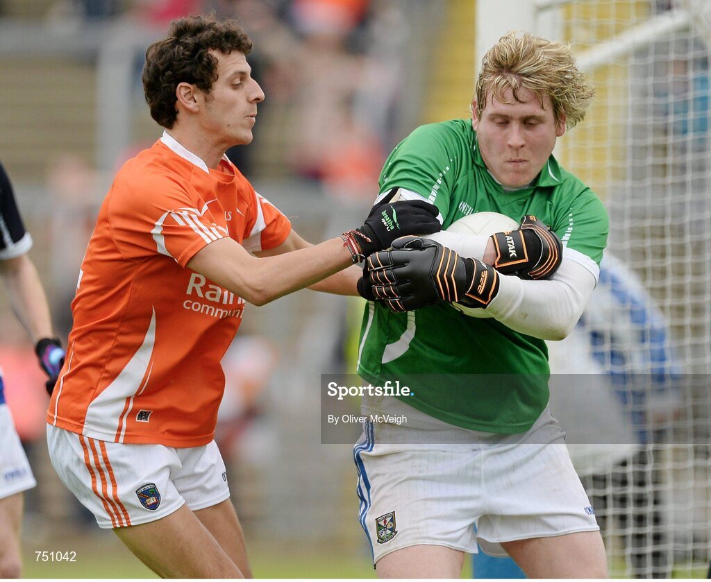 19 May 2013; Conor Gilsenan, Cavan, in action against Jamie Clarke, Armagh. Ulster GAA Football Senior Championship, Preliminary Round, Cavan v Armagh, Kingspan Breffni Park, Cavan. Picture credit: Oliver McVeigh / SPORTSFILE