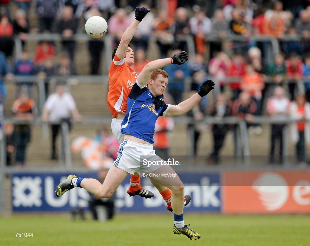 19 May 2013; Niall McDermott, Cavan, in action against Mark Shields, Armagh. Ulster GAA Football Senior Championship, Preliminary Round, Cavan v Armagh, Kingspan Breffni Park, Cavan. Picture credit: Oliver McVeigh / SPORTSFILE