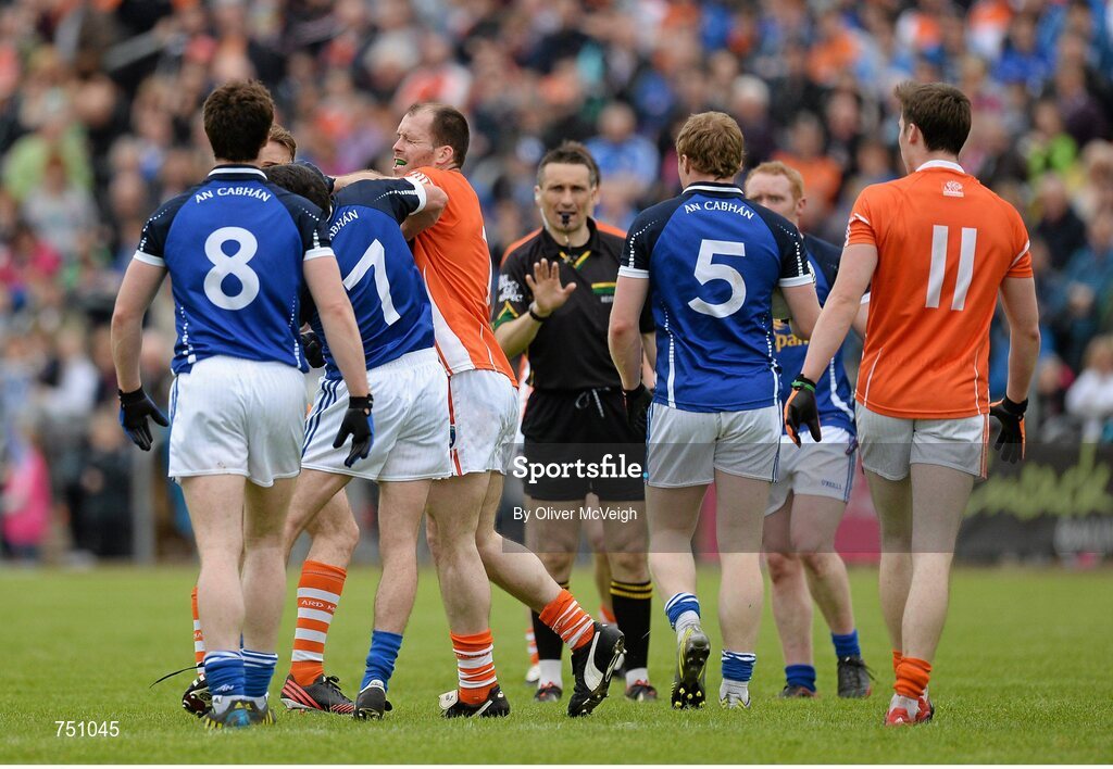 19 May 2013; Ciaran McKeever, Armagh, in dispute with Ronan Flanagan, Cavan. Ulster GAA Football Senior Championship, Preliminary Round, Cavan v Armagh, Kingspan Breffni Park, Cavan. Picture credit: Oliver McVeigh / SPORTSFILE