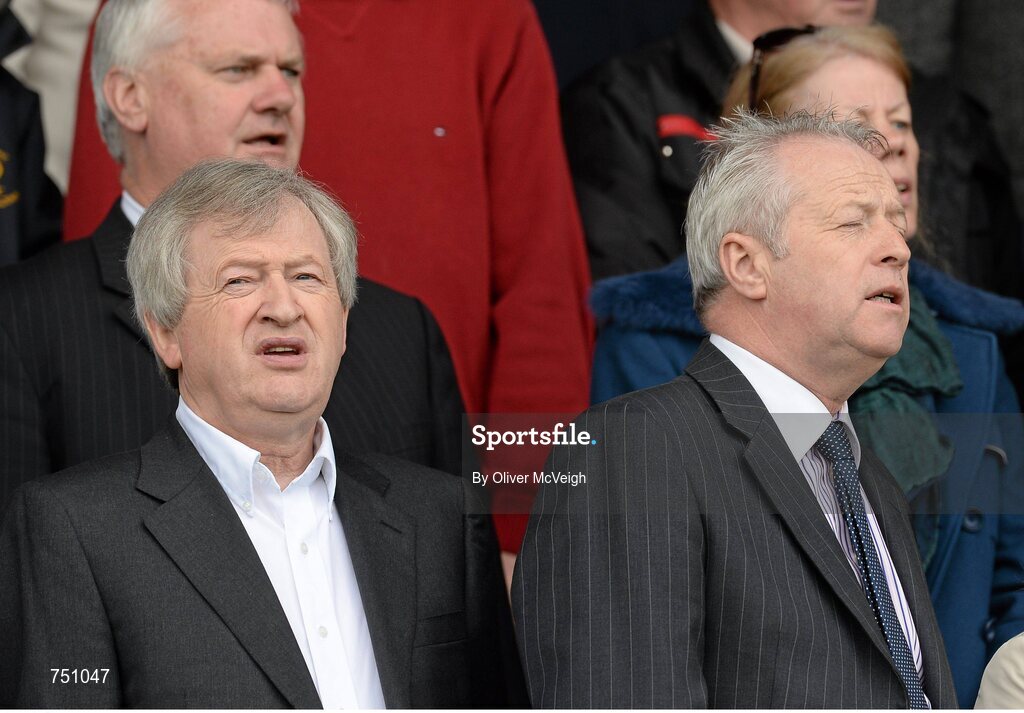 19 May 2013; Ard Stiúrthóir of the GAA Páraic Duffy, left, along with Ulster Council President  Martin McAviney during the playing of the National Anthem. Ulster GAA Football Senior Championship, Preliminary Round, Cavan v Armagh, Kingspan Breffni Park, Cavan. Picture credit: Oliver McVeigh / SPORTSFILE