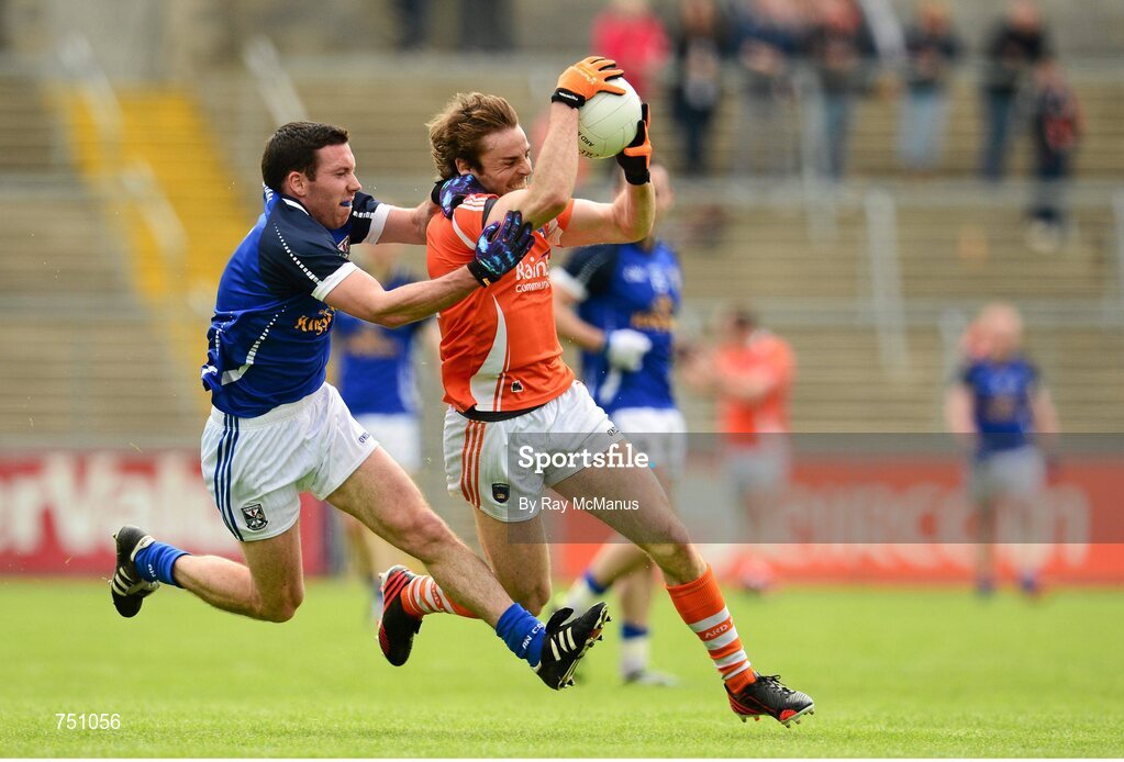 19 May 2013; Kevin Dyas, Armagh, is tackled by Ronan Flanagan, Cavan. Ulster GAA Football Senior Championship, Preliminary Round, Cavan v Armagh, Kingspan Breffni Park, Cavan. Picture credit: Ray McManus / SPORTSFILE