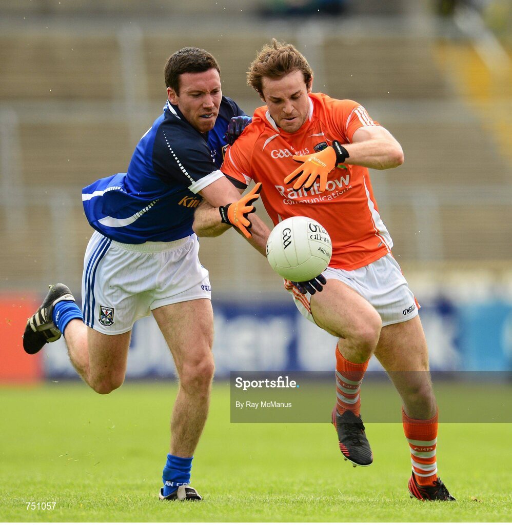 19 May 2013; Kevin Dyas, Armagh, is tackled by Ronan Flanagan, Cavan. Ulster GAA Football Senior Championship, Preliminary Round, Cavan v Armagh, Kingspan Breffni Park, Cavan. Picture credit: Ray McManus / SPORTSFILE