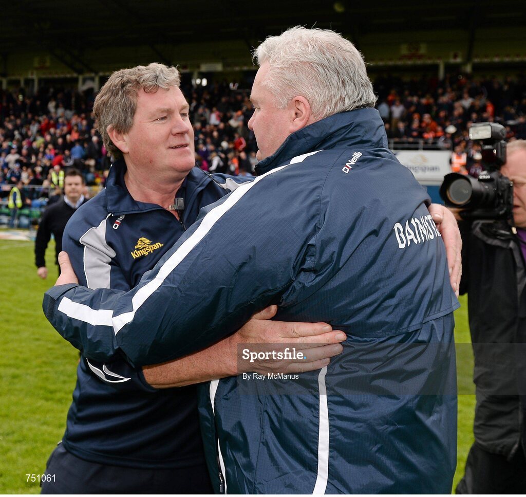 19 May 2013; Cavan manager Terry Hyland, left, and Armagh manager Paul Grimley after the game. Ulster GAA Football Senior Championship, Preliminary Round, Cavan v Armagh, Kingspan Breffni Park, Cavan. Picture credit: Ray McManus / SPORTSFILE