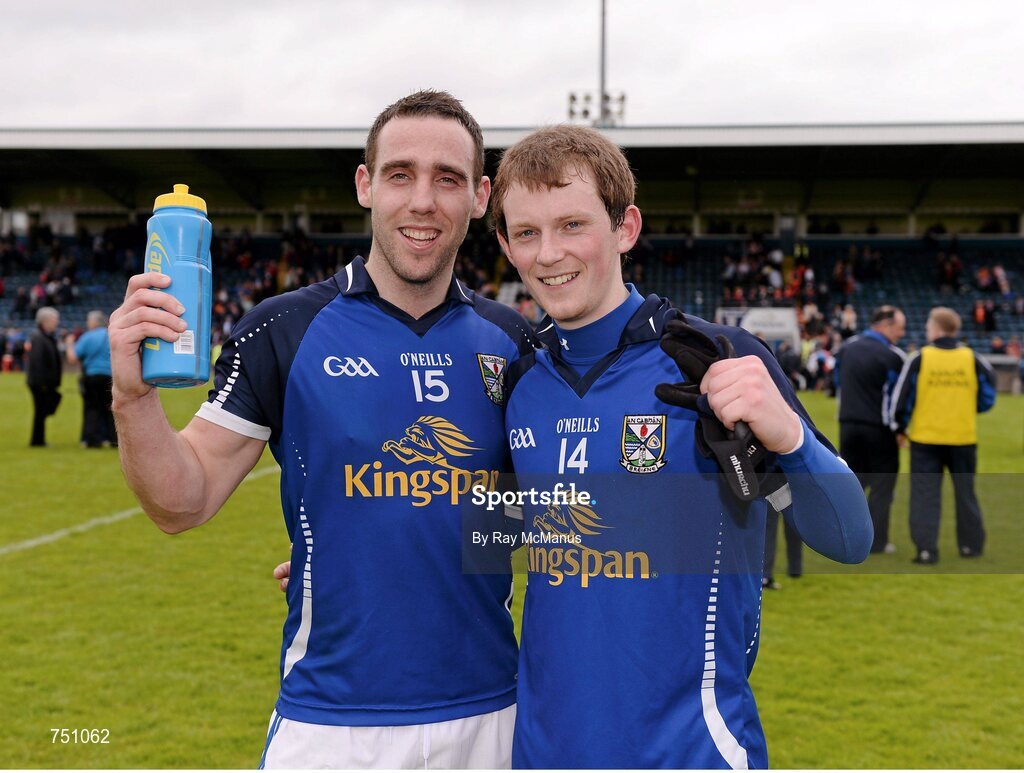 19 May 2013; Cavan forwards Eugene Keating, left, and Martin Dunne celebrate after the game. Ulster GAA Football Senior Championship, Preliminary Round, Cavan v Armagh, Kingspan Breffni Park, Cavan. Picture credit: Ray McManus / SPORTSFILE