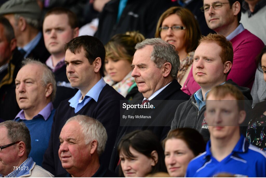 19 May 2013; Match day patrons, including Sean Quinn and his son Sean Jnr, stand for a minute silence in memory of the late GAA president Paddy Buggy. Ulster GAA Football Senior Championship, Preliminary Round, Cavan v Armagh, Kingspan Breffni Park, Cavan. Picture credit: Ray McManus / SPORTSFILE