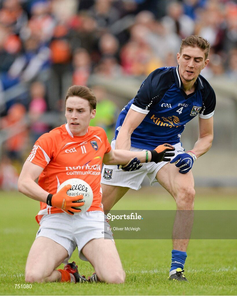 19 May 2013; Ciaran O'Hanlon, Armagh, in action against Killian Clarke, Cavan. Ulster GAA Football Senior Championship, Preliminary Round, Cavan v Armagh, Kingspan Breffni Park, Cavan. Picture credit: Oliver McVeigh / SPORTSFILE