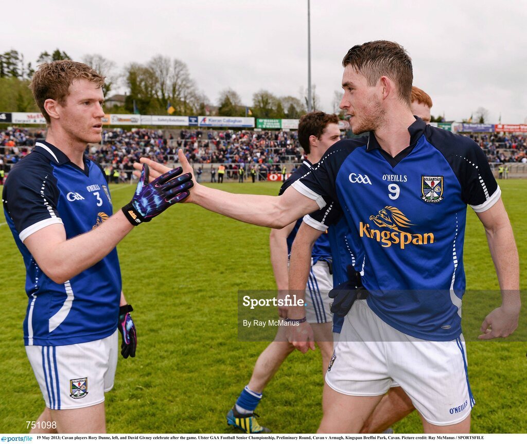 19 May 2013; Cavan players Rory Dunne, left, and David Givney celebrate after the game. Ulster GAA Football Senior Championship, Preliminary Round, Cavan v Armagh, Kingspan Breffni Park, Cavan. Picture credit: Ray McManus / SPORTSFILE