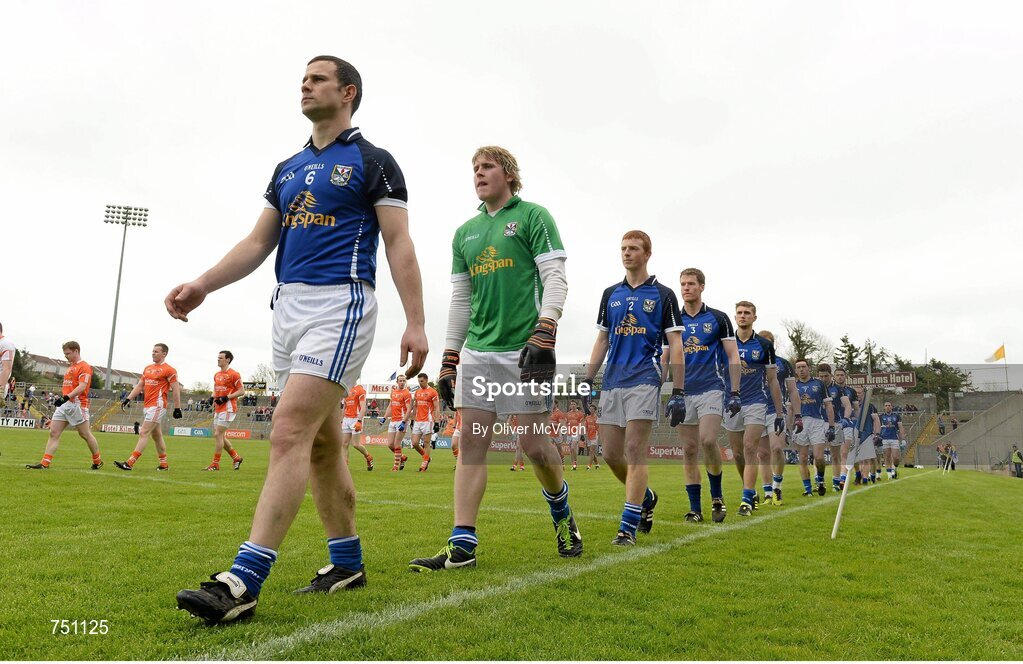 19 May 2013; Cavan captain Alan Clarke leads his team during the parade. Ulster GAA Football Senior Championship, Preliminary Round, Cavan v Armagh, Kingspan Breffni Park, Cavan. Picture credit: Oliver McVeigh / SPORTSFILE