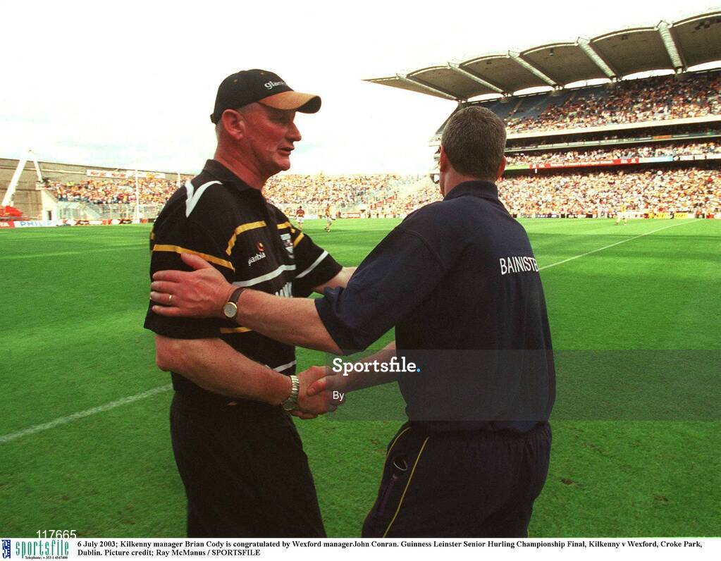 6 July 2003; Kilkenny manager Brian Cody is congratulated by Wexford managerJohn Conran. Guinness Leinster Senior Hurling Championship Final, Kilkenny v Wexford, Croke Park, Dublin. Picture credit; Ray McManus / SPORTSFILE