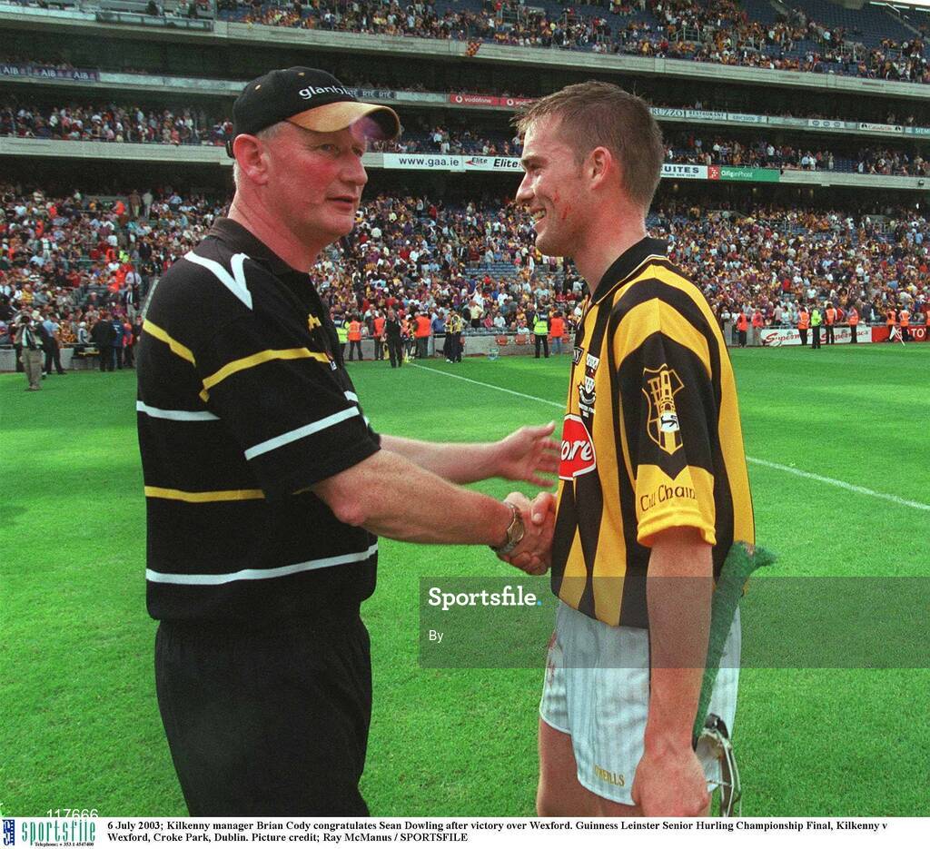 6 July 2003; Kilkenny manager Brian Cody congratulates Sean Dowling after victory over Wexford. Guinness Leinster Senior Hurling Championship Final, Kilkenny v Wexford, Croke Park, Dublin. Picture credit; Ray McManus / SPORTSFILE
