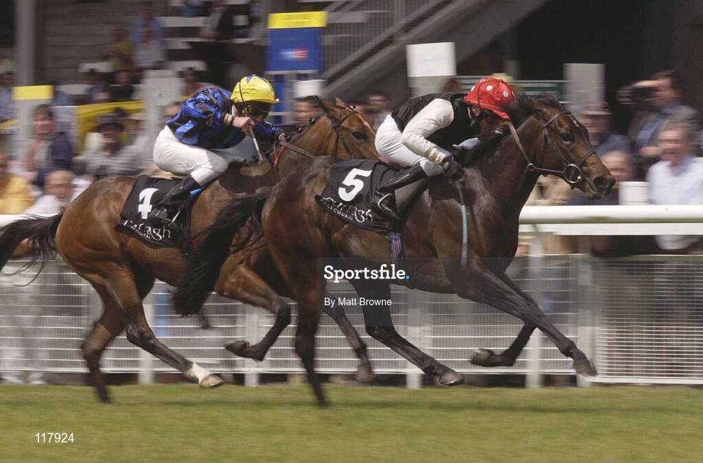 12 July 2003; Mister Marmaduke, 5, with Robbie Burke up, wins The Roca Bathrooms European Breeders Fund from second place Lady Portia, 4, with Tom Queally up, at the Curragh Racecourse, Co. Kildare. Picture credit; Matt Browne / SPORTSFILE *EDI*