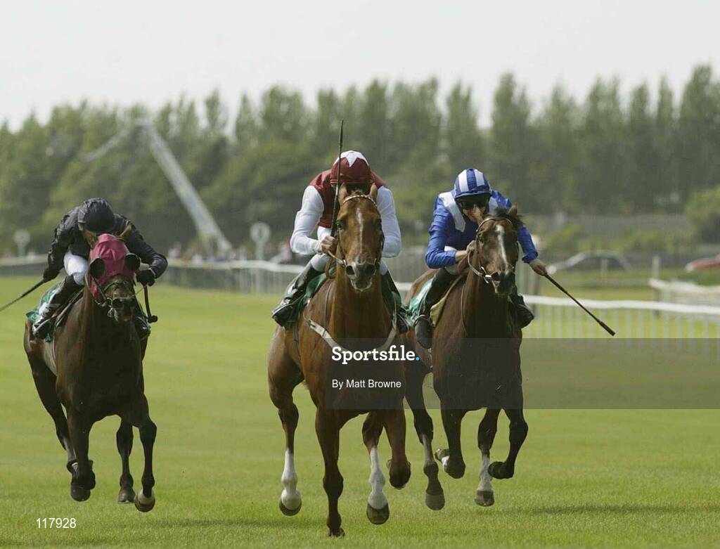 12 July 2003; Sea Dart, with Johnny Murtagh up, on their way to winning The Goffs International stakes from Mustaneer, right, with Willie Supple up, and France, with Mick Kinane up, at the Curragh Racecourse, Co. Kildare. Picture credit; Matt Browne / SPORTSFILE *EDI*