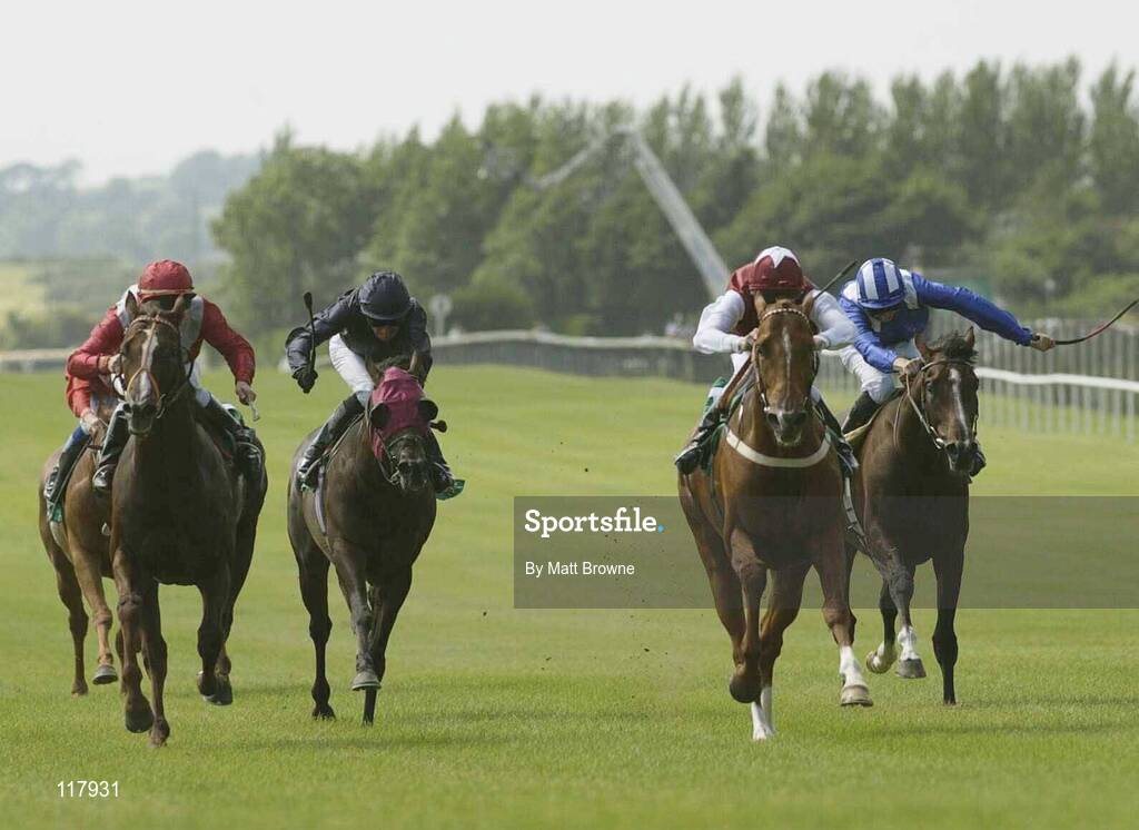 12 July 2003; Sea Dart, with Johnny Murtagh up, wins The Goffs International stakes from 2nd place Al Turf, with Pat Shanahan up, far left, 3rd place France, with Mick Kinane up, second from left, and 4th place Mustaneer, with Willie Supple up, right, at the Curragh Racecourse, Co. Kildare. Picture credit; Matt Browne / SPORTSFILE *EDI*