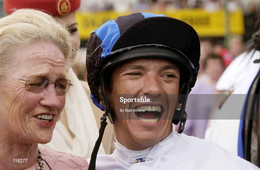13 July 2003; Frankie Dettori pictured with Maureen Mullins, wife of trainer Paddy Mullins, after winning the  Darley Irish Oaks at the Curragh Racecourse, Co. Kildare. Picture credit; Matt Browne / SPORTSFILE *EDI*