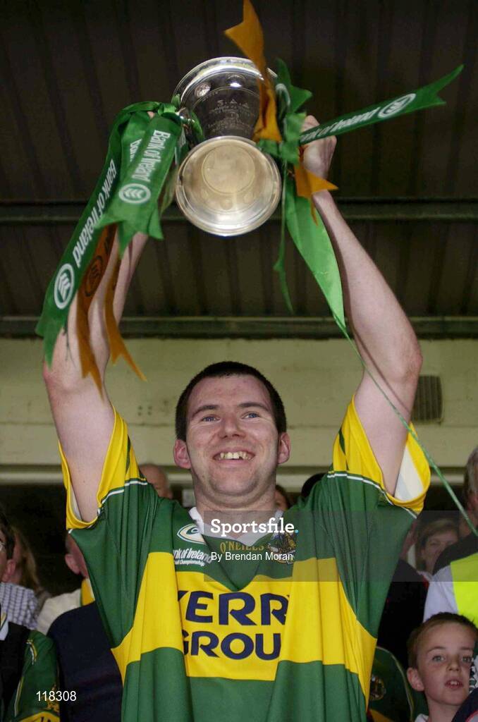 13 July 2003; Kerry captain Michael McCarthy lifts the cup after victory over Limerick. Bank of Ireland Munster Senior Football Final, Kerry v Limerick, Fitzgerald Stadium, Killarney, Co Kerry. Picture credit; Brendan Moran / SPORTSFILE *EDI*
