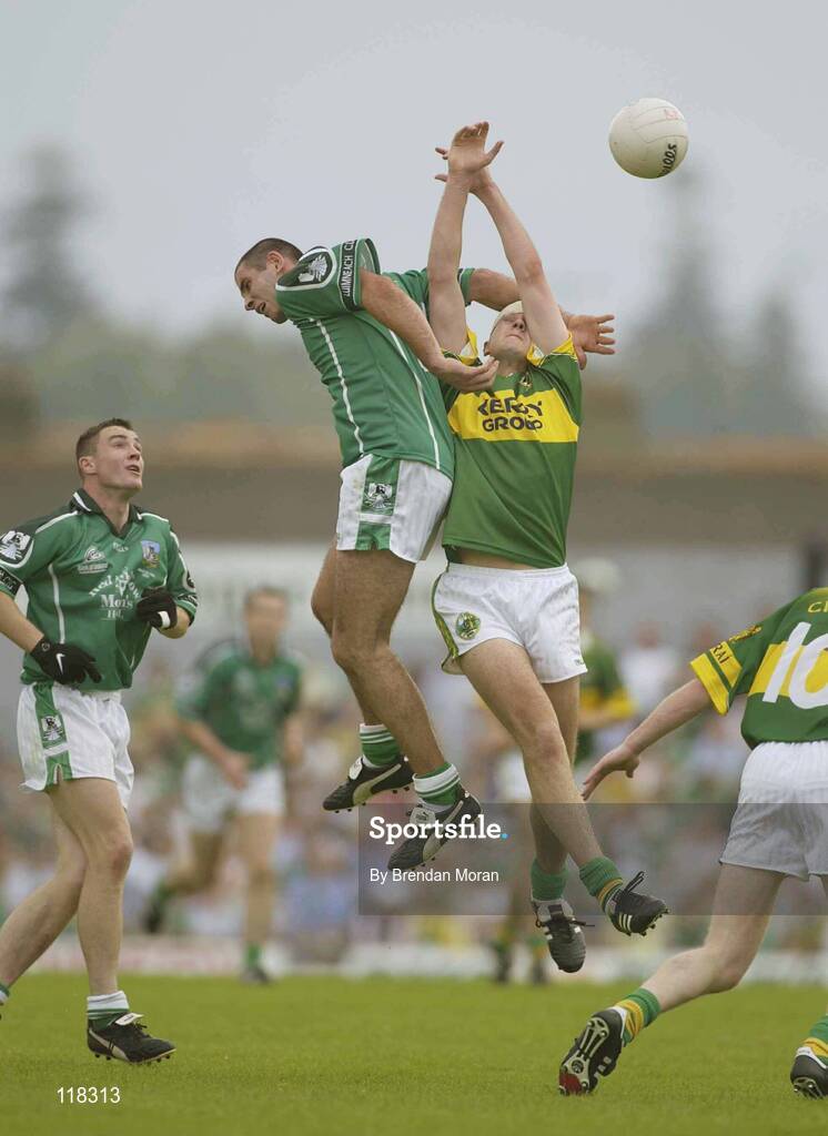 13 July 2003; John Galvin, Limerick, in action against Kerry's Eoin Brosnan. Bank of Ireland Munster Senior Football Final, Kerry v Limerick, Fitzgerald Stadium, Killarney, Co Kerry. Picture credit; Brendan Moran / SPORTSFILE *EDI*