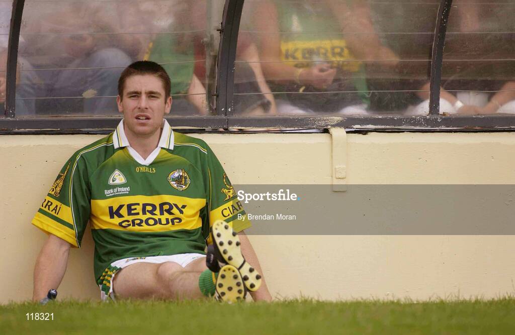 13 July 2003; Darragh O'Se, Kerry, who missed the game through injury, watches from the substitutes bench. Bank of Ireland Munster Senior Football Final, Kerry v Limerick, Fitzgerald Stadium, Killarney, Co Kerry. Picture credit; Brendan Moran / SPORTSFILE *EDI*