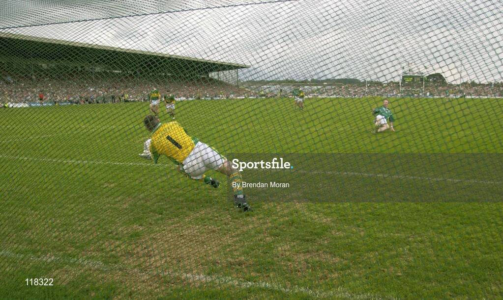 13 July 2003; Declan O'Keefe, Kerry, saves a penalty from Limerick's Michael Reidy. Bank of Ireland Munster Senior Football Final, Kerry v Limerick, Fitzgerald Stadium, Killarney, Co Kerry. Picture credit; Brendan Moran / SPORTSFILE *EDI*