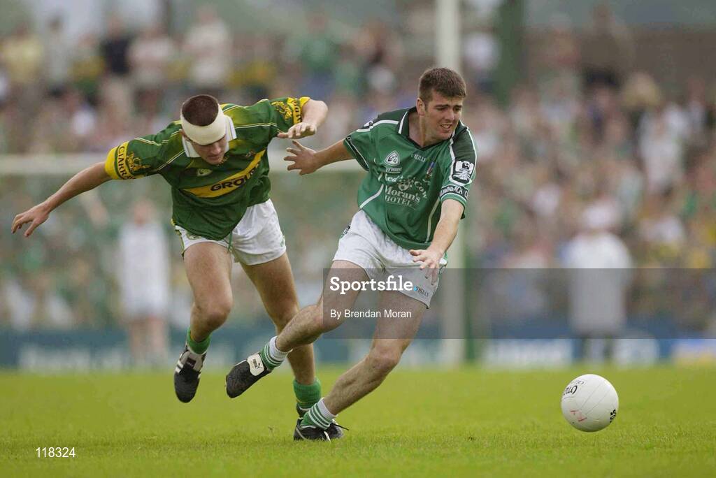 13 July 2003; Conor Mullane, Limerick, in action against Kerry's Eoin Brosnan. Bank of Ireland Munster Senior Football Final, Kerry v Limerick, Fitzgerald Stadium, Killarney, Co Kerry. Picture credit; Brendan Moran / SPORTSFILE *EDI*