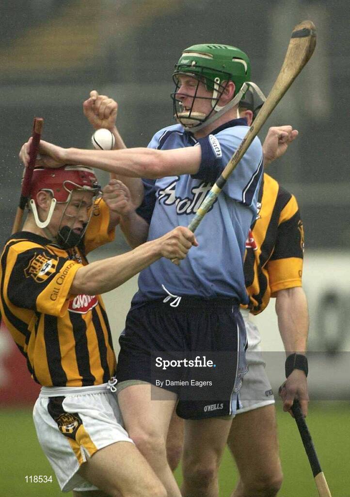 16 July 2003; Dublin's Ronan Fallon in action against Kilkenny's Tommy Walsh. Leinster U21 Hurling Final, Dublin v Kilkenny, Dr Cullen Park, Co. Carlow. Picture credit; Damien Eagers / SPORTSFILE *EDI*