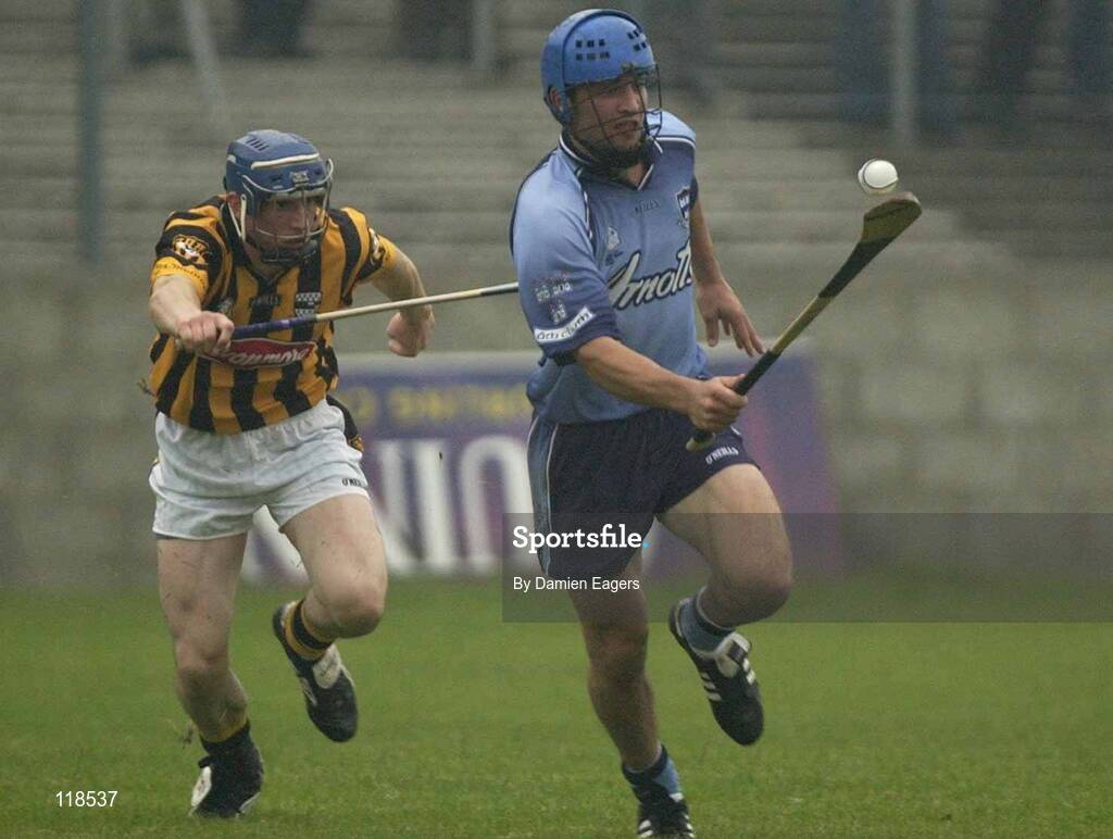 16 July 2003; Dublin's Stephen Hiney in action against Kilkenny's Willie O'Dwyer. Leinster U21 Hurling Final, Dublin v Kilkenny, Dr Cullen Park, Co. Carlow. Picture credit; Damien Eagers / SPORTSFILE *EDI*