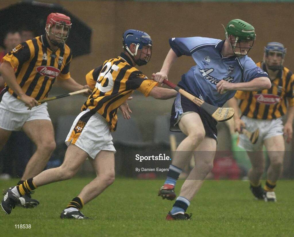 16 July 2003; Dublin's Ronan Fallon in action against Kilkenny's Brian Dowling. Leinster U21 Hurling Final, Dublin v Kilkenny, Dr Cullen Park, Co. Carlow. Picture credit; Damien Eagers / SPORTSFILE *EDI*