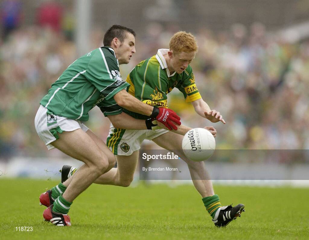 13 July 2003; Colm Cooper, Kerry, in action against Limerick's Mark O'Riordan. Bank of Ireland Munster Senior Football Final, Kerry v Limerick, Fitzgerald Stadium, Killarney, Co Kerry. Picture credit; Brendan Moran / SPORTSFILE *EDI*
