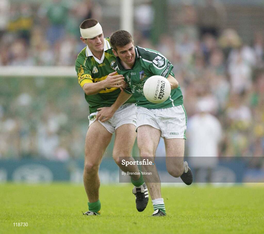 13 July 2003; Conor Mullane, Limerick, in action against Kerry's Eoin Brosnan. Bank of Ireland Munster Senior Football Final, Kerry v Limerick, Fitzgerald Stadium, Killarney, Co Kerry. Picture credit; Brendan Moran / SPORTSFILE *EDI*