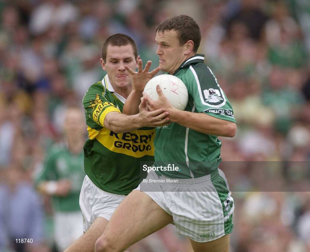 13 July 2003; Jason Stokes, Limerick, in action against Kerry's Eoin Brosnan. Bank of Ireland Munster Senior Football Final, Kerry v Limerick, Fitzgerald Stadium, Killarney, Co Kerry. Picture credit; Brendan Moran / SPORTSFILE *EDI*