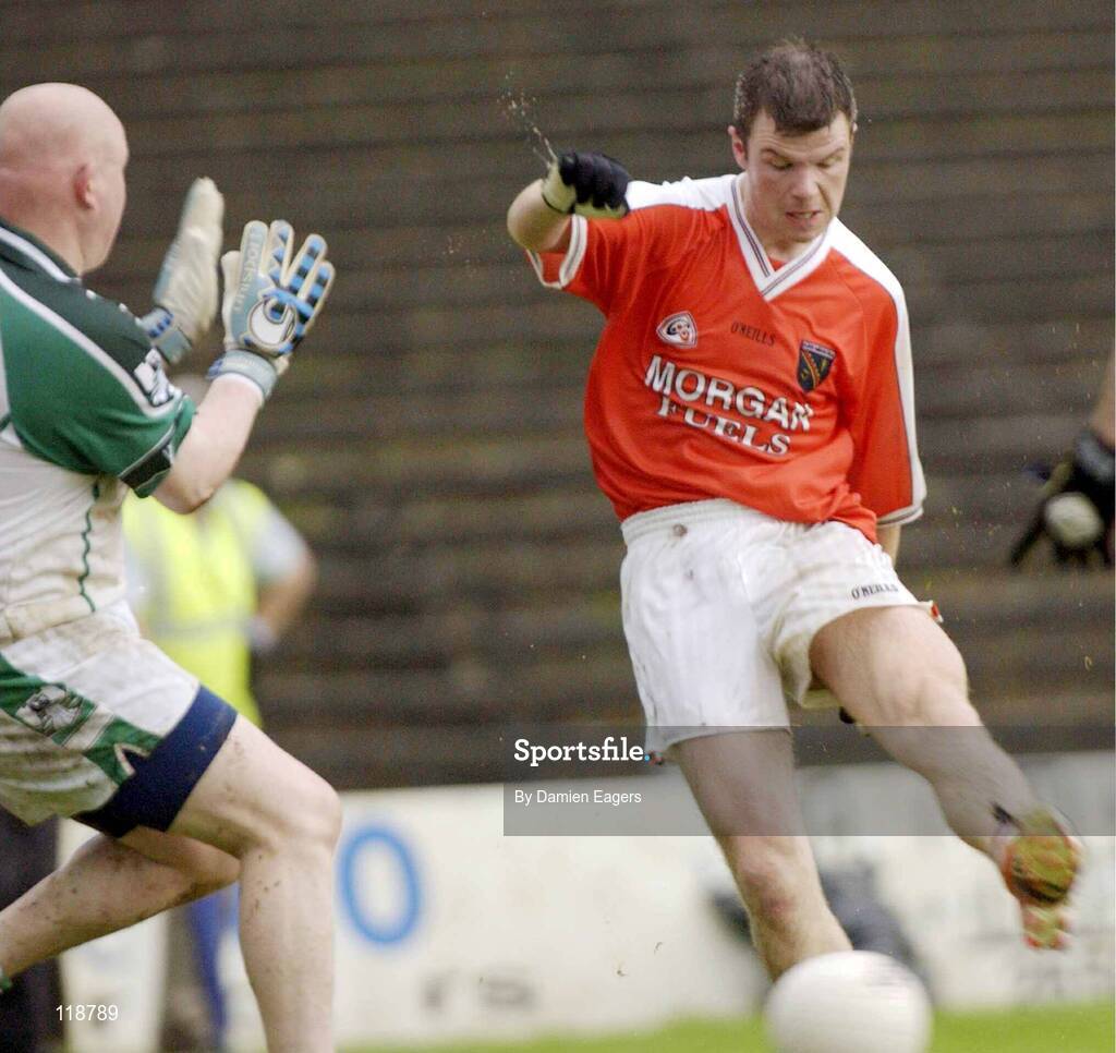 20 July 2003; Armagh's Ronan Clarke scores his sides third goal. Bank of Ireland Senior Football Championship qualifier, Limerick v Armagh, Dr Hyde Park, Roscommon. Picture credit; Damien Eagers / SPORTSFILE *EDI*