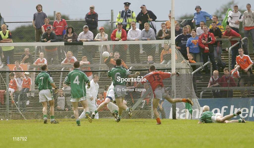 20 July 2003; Armagh's Stephen McDonnell scores his sides second goal. Bank of Ireland Senior Football Championship qualifier, Limerick v Armagh, Dr Hyde Park, Roscommon. Picture credit; Damien Eagers / SPORTSFILE *EDI*